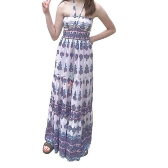 Alicia Bell Hazel Maxi Dress Turquoise Pink Drop Tiered Silk Blend size XS - Picture 1 of 11